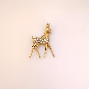 Vintage 1990s Gold and Rhinestone Reindeer Holiday Costume Jewelry Brooch